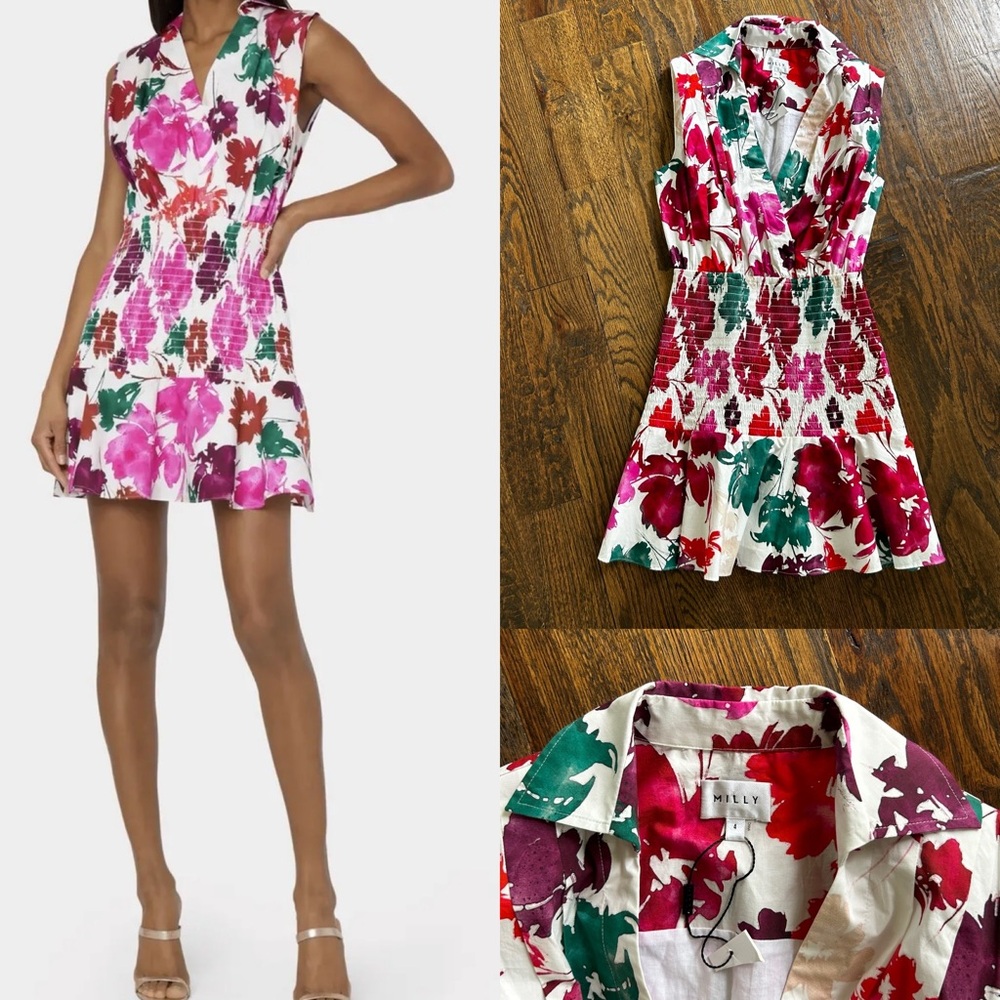 MILLY NEW Nora Floral Watercolor Mini Dress - Ruched Summer Multicolor